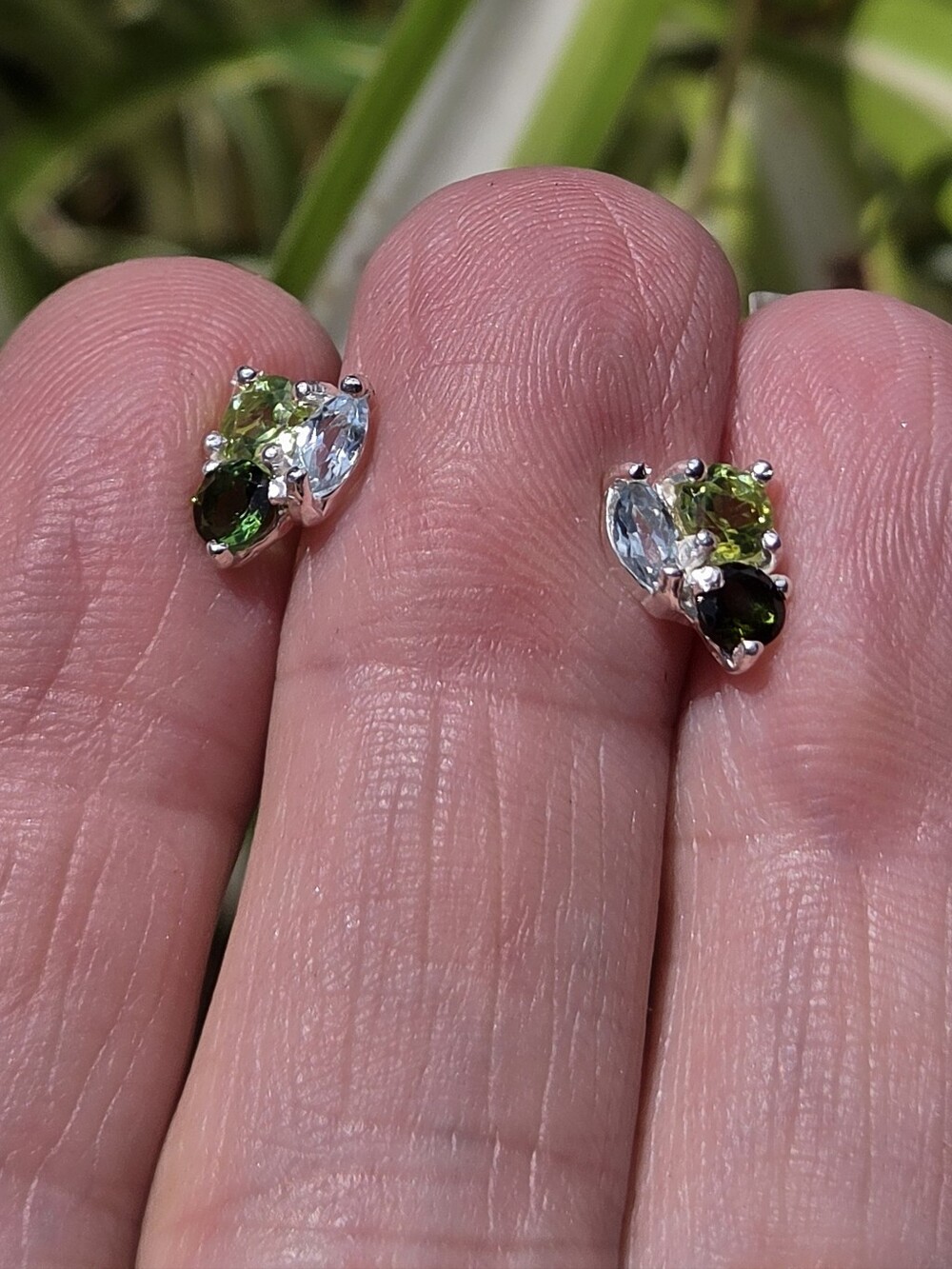 Blue Topaz Peridot & Crome Diopside Natural Sterling & White Gold Earrings - Picture 7 of 9